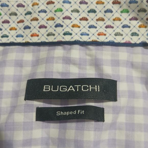 NWT Bugatchi XL men's Shaped Fit lavender check 100% cotton flip cuff long-slv - Picture 2 of 16